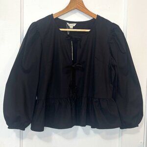NWT SIM & SAM Women's Tie Front 3/4 Puff Sleeve Black Cotton Peplum Top,Sz Small